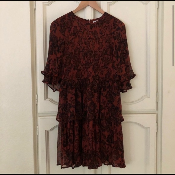 Ganni Revolve Beaumont Rust Black Smocked Dress - Picture 5 of 8
